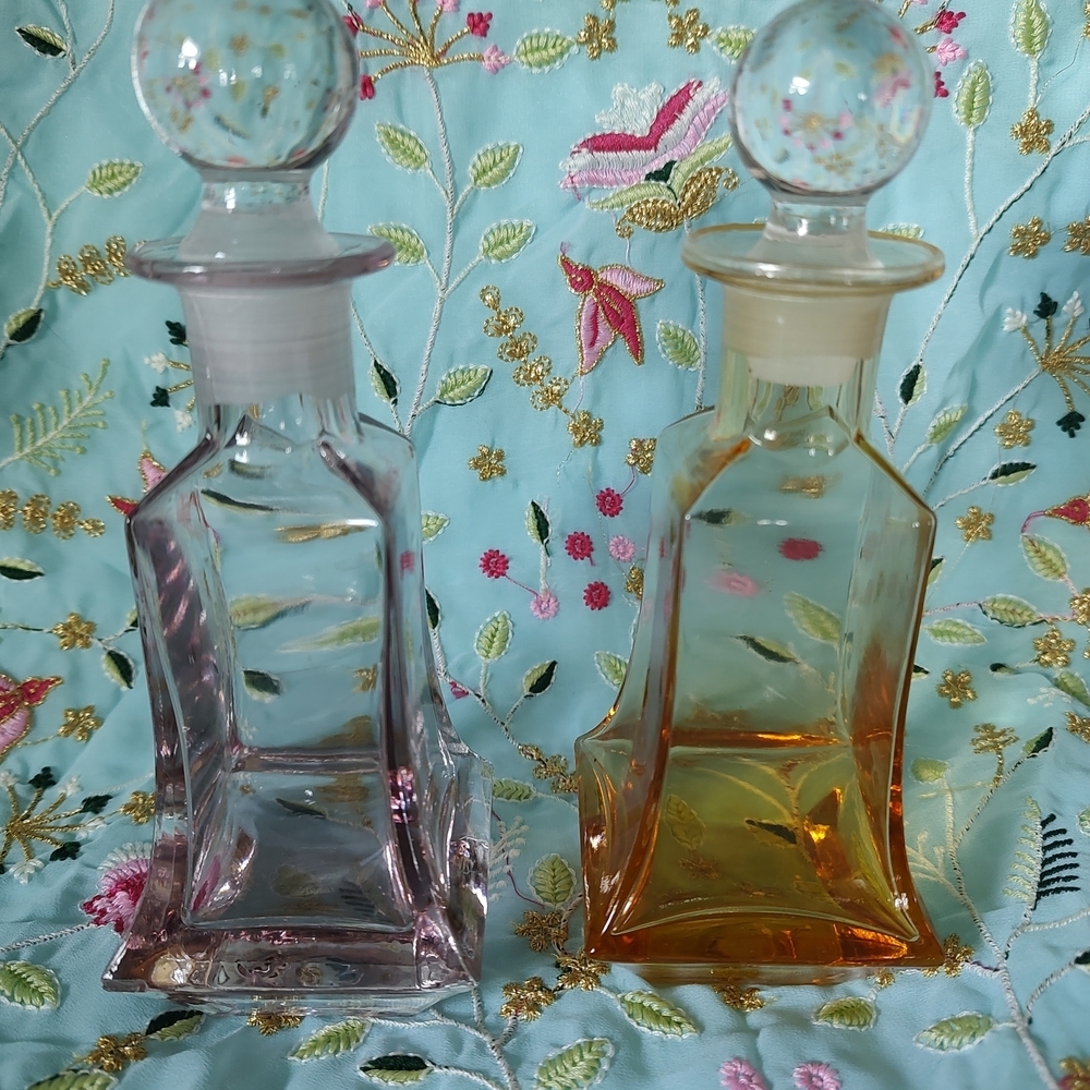 Vintage Glass Perfume Bottles Made In France Purple and Amber 7 1/4" Tall